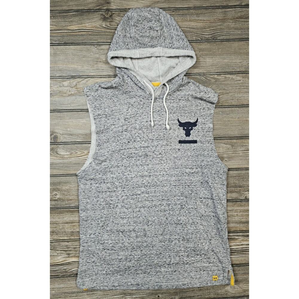 Under Armour Project Rock Hoodie Mens Small Gray Sleeveless Pullover Gym Bulls